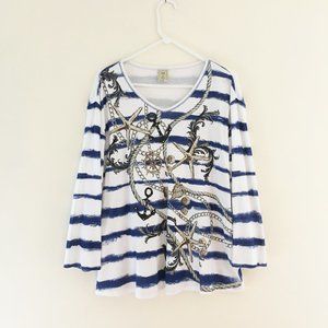 Jess & Jane long sleeve white and blue cotton top.